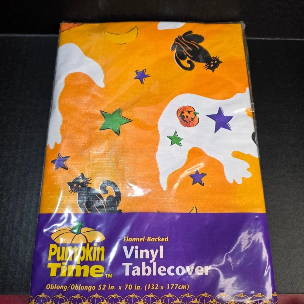 Pumpkin Time Tablecloth Unisex 52x70 Orange Halloween Ghost Cat Vinyl Oblong